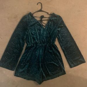 Emerald Green Velvet Sparkly Long Sleeve Romper